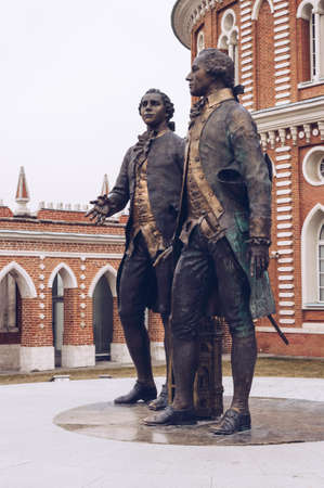 Moscow, Russia, March 11, 2017: Sculpture of architects of Tsaritsyno Vasiliy Bazhenov and Matvey Kazakov thats located on the grounds of museumのeditorial素材