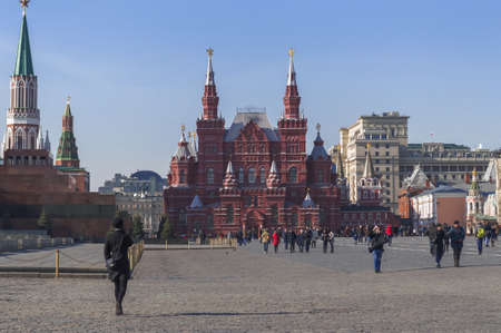 Moscow, Russia, March 10, 2017: historical buildings around red square with tourists and people...