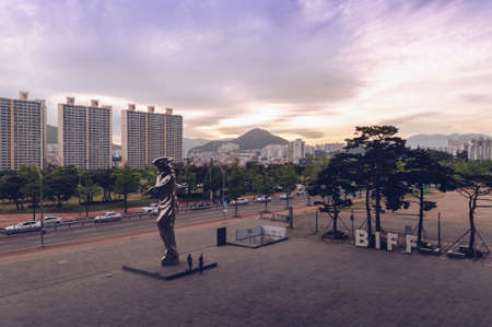 Busan, South Korea May 04, 2017: cityscape of Busan and Busan International festival sign and...
