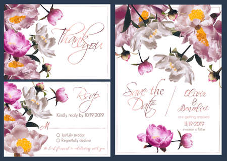 set of cards templates decorated with peonies for wedding including invitation, thank you and rsvp のイラスト素材