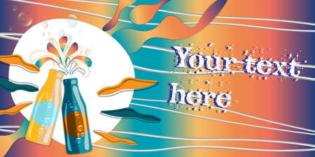 vector horizontal banner with couple of bottles with bubbles and splashes and copy spaceのイラスト素材