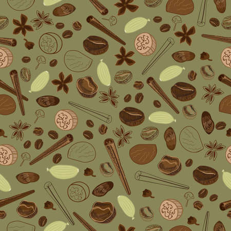 seamless vector pattern of coffee beans and spices used to make different coffee flavourのイラスト素材