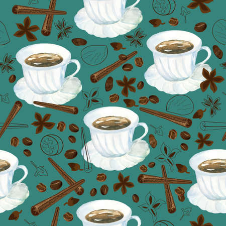 vector seamless pattern with watercolor cup of coffee and variety of spicesのイラスト素材