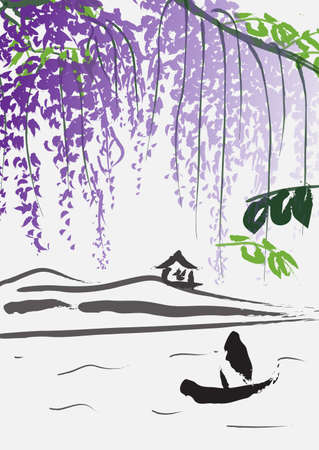imitation of chinese painting with boat, hills and purple wisteria branchesのイラスト素材
