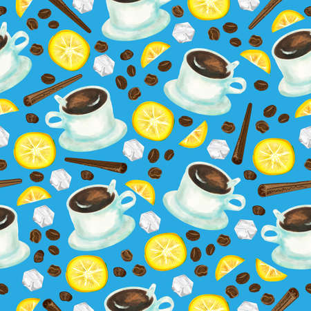 seamless vector pattern with watercolor coffee cups lemon slices, ice cubes, beans and cinnamon sticksのイラスト素材