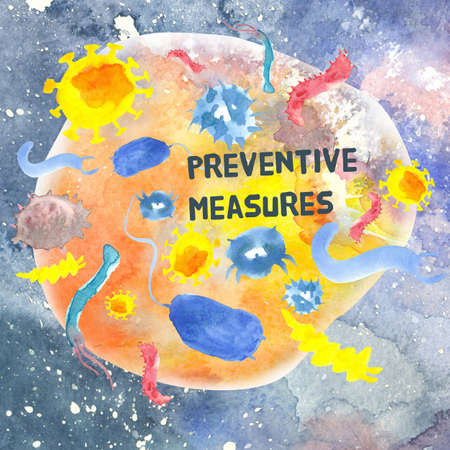 abstract illustration of watercolor microbes with Preventive measures sign inside cell