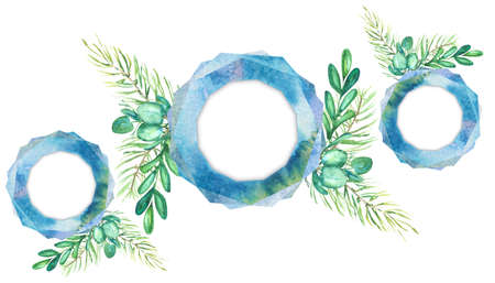 three watercolor frames decorated with spruce and  deciduous branchesの写真素材