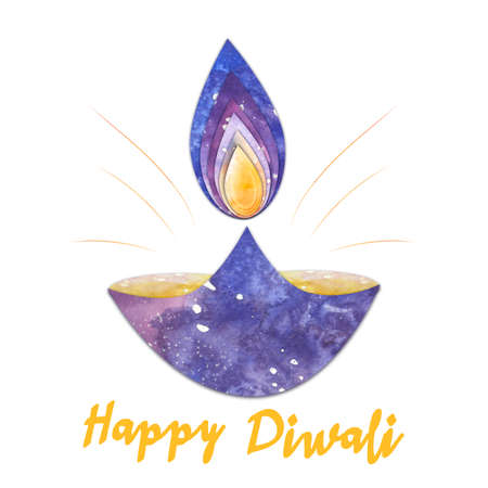 watercolor diwali lamp with flame and shine isolated on whiote backgroundの写真素材