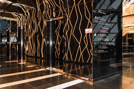 Nur-Sultan, Kazakhstan, 02 January, 2020: illuminated and decorated space near elevators in expo...