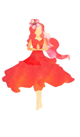 watercolor illustration of woman with long red hair  in red dress standingの写真素材