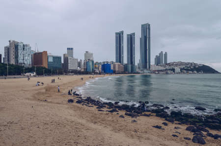 Busan, South Korea September 12, 2019: view of almost empty due to rainy and gloomy weather Haeundae beachのeditorial素材