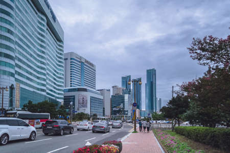 Busan, South Korea September 12, 2019: hotels and residential buildings near Haeundae beach with...