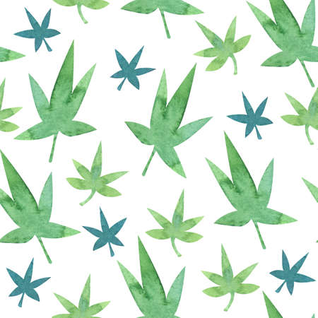 seamless pattern of watercolor abstract cannabis leaves isolated on white backgroundの写真素材