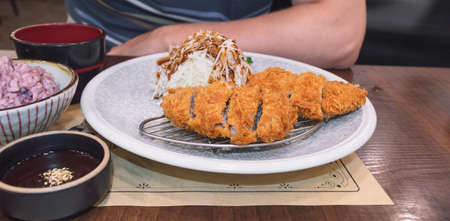 close up view of freshly made tonkatsu with cabbage salad  rice and sauce