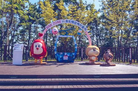 Busan, South Korea, September 14, 2019:  Photo zone in Songdo sky park with cute mascots and cable...