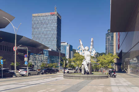 Busan, South Korea September 15, 2019: shopping sculpture near Sninsegae shopping center with KNN building and Busan cinema center across the roadのeditorial素材