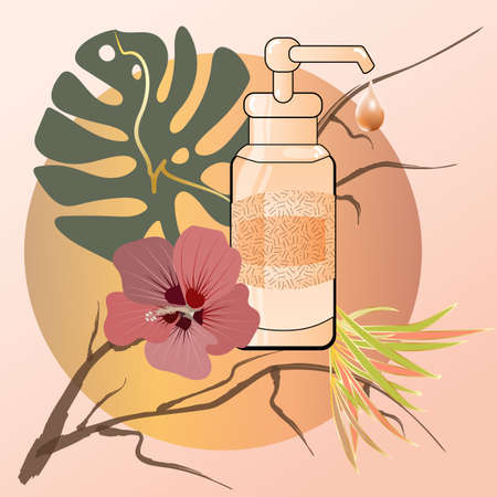 pastel illustration of bottle with liquid decorated with tree branch, monstera leaf, hibiscus and palm leafのイラスト素材