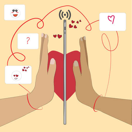 online dating concept with two hands connected via mobile phone and chattingのイラスト素材