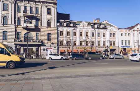 Vladivostok, Russia - October 03, 2020: facades of clssic buildings and primorsky philharmonic hall on Svetlanskaya street on sunny dayのeditorial素材