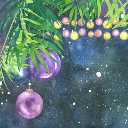 abstract watercolor image of tropical christmas night with palm leaves decorated with glass balls and illuminationの写真素材