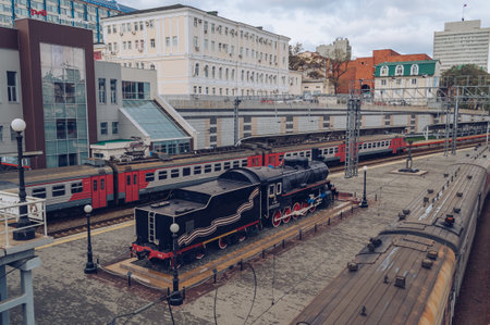 Vladivostok, Russia - October 05, 2020: retro train sculpture on the platform of Vladivostok railway...