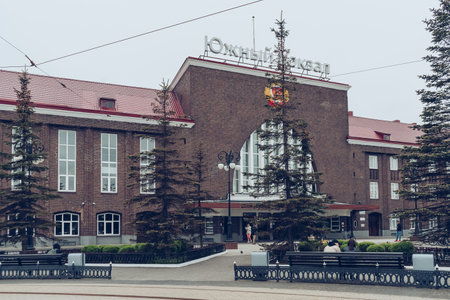 Kaliningrad, Russia - may 15, 2021: Exterior of railway station "iujnyi" or south in english on gloomy spring dayのeditorial素材