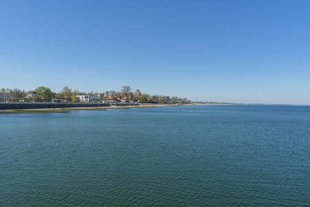 view of Zelenogradsk from baltic sea on sunny spring day