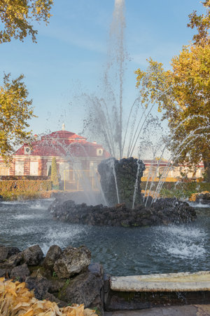 Petergof, Russia - October 2, 2021: Fountain Sheaf in Peterhof on the sunny autumn dayのeditorial素材