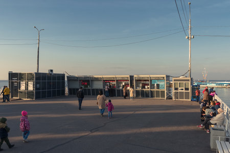Petergof, Russia - October 2, 2021: ticket office for ferryboat view with people buying and waitingのeditorial素材