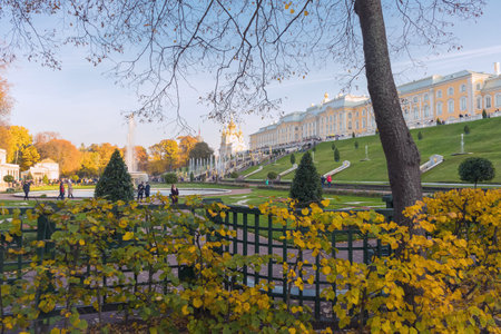 Petergof, Russia - October 2, 2021: view of the Palace and cascade fountain complex inside lower park on the autumn dayのeditorial素材