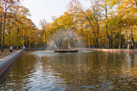 Petergof, Russia - October 2, 2021: beauty of The sun fountain on the autumn dayのeditorial素材
