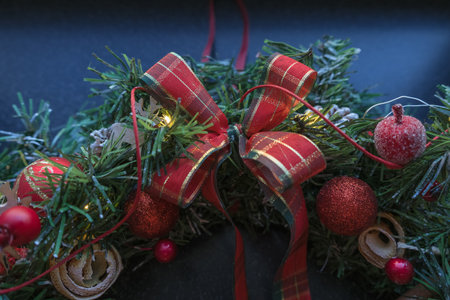 close up view of red checkered christmas bowの写真素材