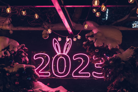 outdoor glowing neon sign of 2023 year at night timeの写真素材