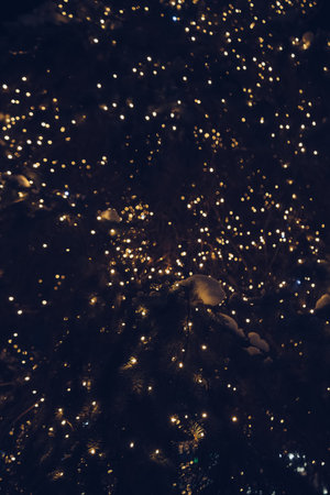 sparkling lights of decorated  fir tree at night