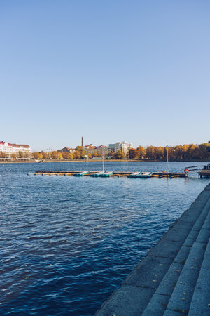 view of small boat dock in Wiborg with boat for rent on the autumn dayの写真素材