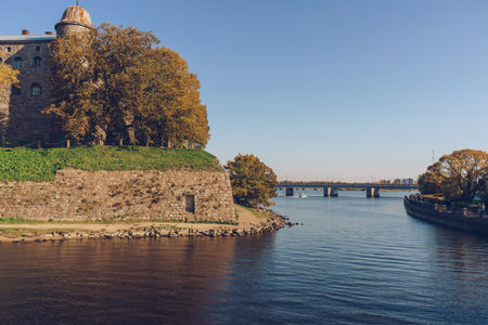 view of Peters bridge and part of Wiborgs castle on the autumn dayの写真素材