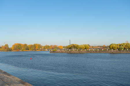 view of railway bridge and embakment in Wiborg on the autumn dayの写真素材
