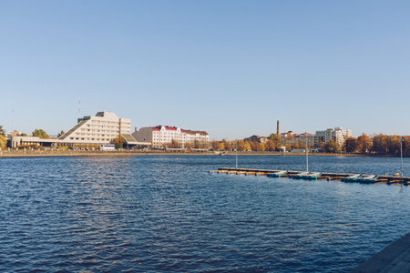 Wiborgs cityscape with boats dock on the sunny autumn dayの写真素材