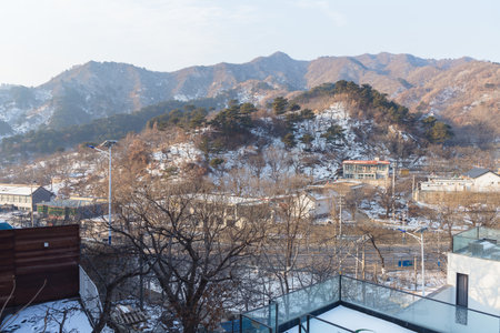 cityscape of small village near  Mu tian Yu great wall with mountain landscape viewの写真素材