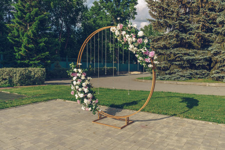 close up view of wedding round decoration in the summer outdoorの写真素材