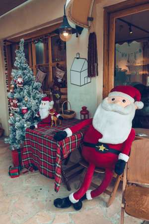 close up view of outdoor Christmas decorations of the cafeの写真素材