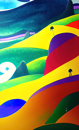 Watercolor and pastel mixed painting with oil paint elements, mountains landscape in Kandinsky or Picasso cubism style. Abstract vibrant mountain, hills, field, sky in minimalist fの写真素材