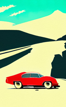 Retro red sport car riding on the road and mountains landscape on background. Mountain road and vintage car retro style flat illustration in minimalist style. Old american artworkの写真素材