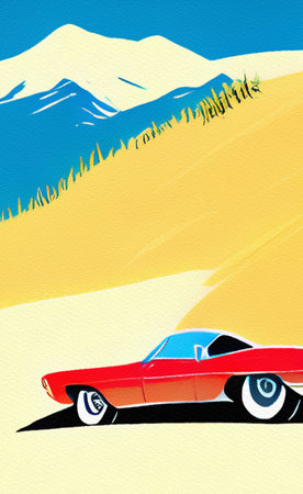Retro red sport car riding on the road and mountains landscape on background. Mountain road and vintage car retro style flat illustration in minimalist style. Old american artworkの写真素材
