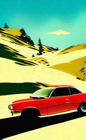Retro red sport car riding on the road and mountains landscape on background. Mountain road and vintage car retro style flat illustration in minimalist style. Old american artworkの写真素材