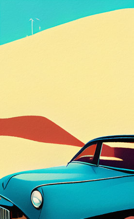 Retro red sport car riding on the road and mountains landscape on background. Mountain road and vintage car retro style flat illustration in minimalist style. Old american artworkの写真素材