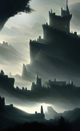 Abstract painting flat illustration of medieval old fantasy castle on the top of mountain. Fort on the rock peak. Mountains and field landscapeの写真素材