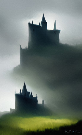 Abstract painting flat illustration of medieval old fantasy castle on the top of mountain. Fort on the rock peak. Mountains and field landscapeの写真素材