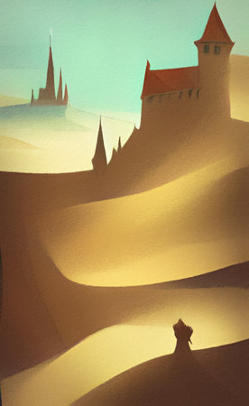 Abstract painting flat illustration of medieval old fantasy castle on the top of mountain. Fort on the rock peak. Mountains and field landscapeの写真素材