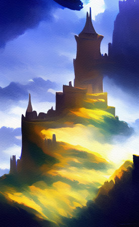 Abstract painting flat illustration of medieval old fantasy castle on the top of mountain. Fort on the rock peak. Mountains and field landscapeの写真素材